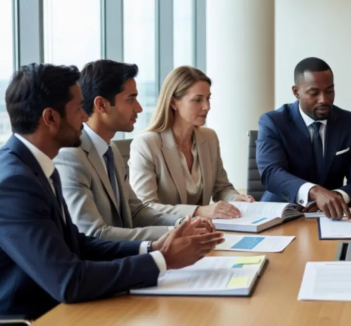 Professionals reviewing a leasing and asset management strategy in a meeting
