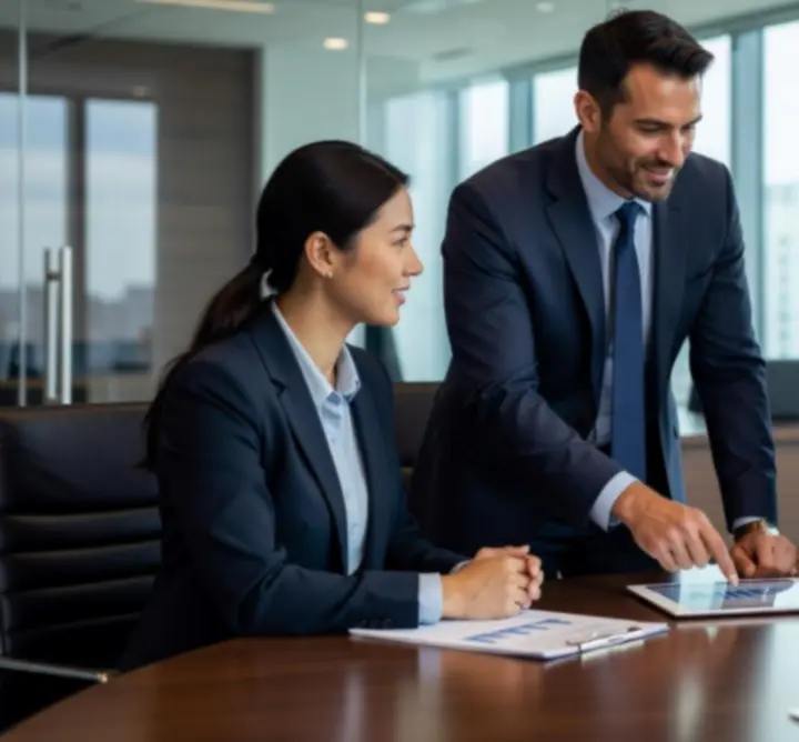 Investment professionals in discussion around a table